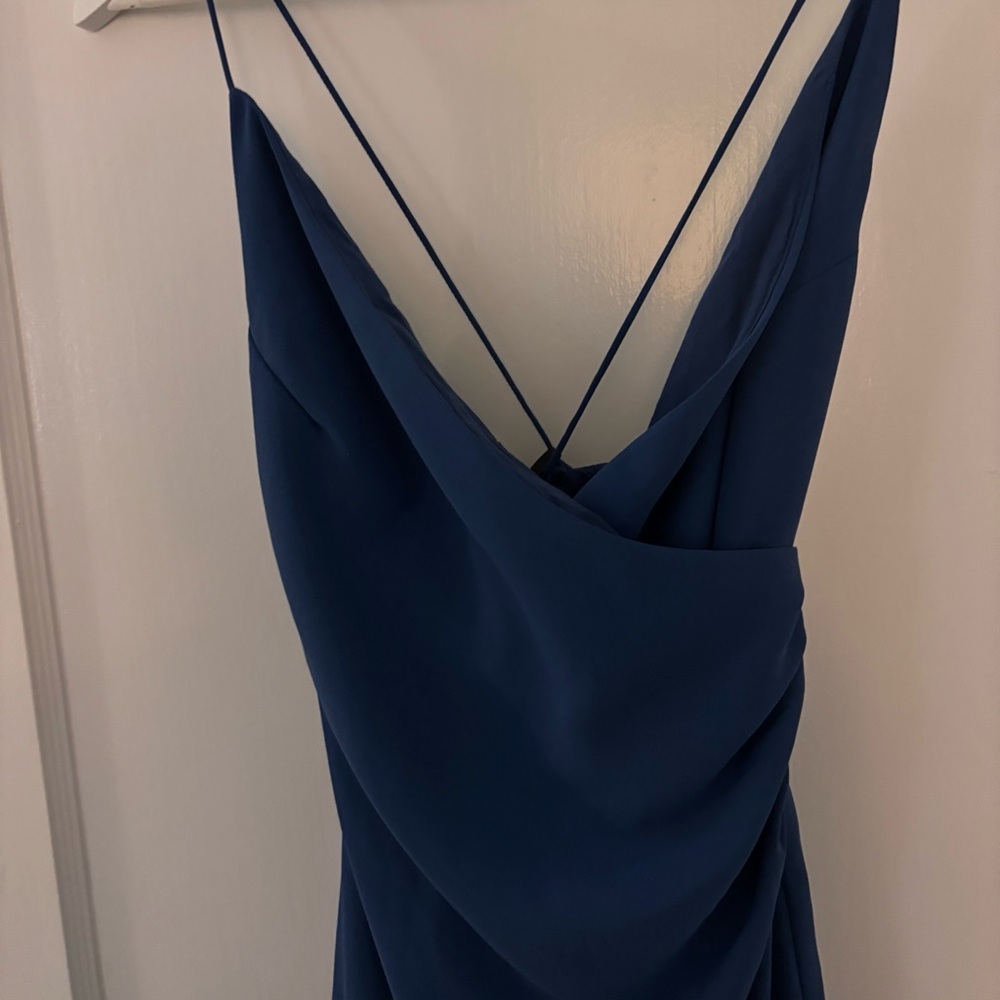 Lulu's V-Neck Knee Length Dress with Fold-Over Slit (Blue/Green) - Picture 9 of 11